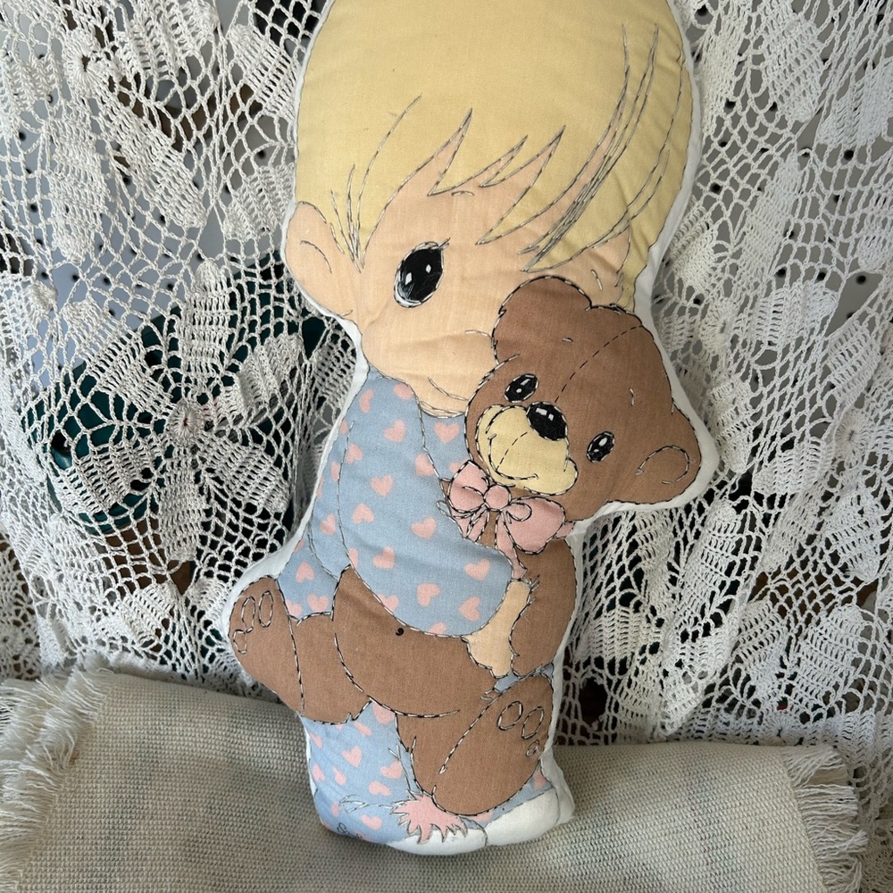 Vintage Plush Precious Moments Handmade Boy Holding Teddy Bear pillow